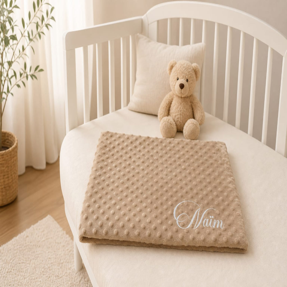 Plaid minky doublé polaire personnalisé prénom bébé 90x90 cm